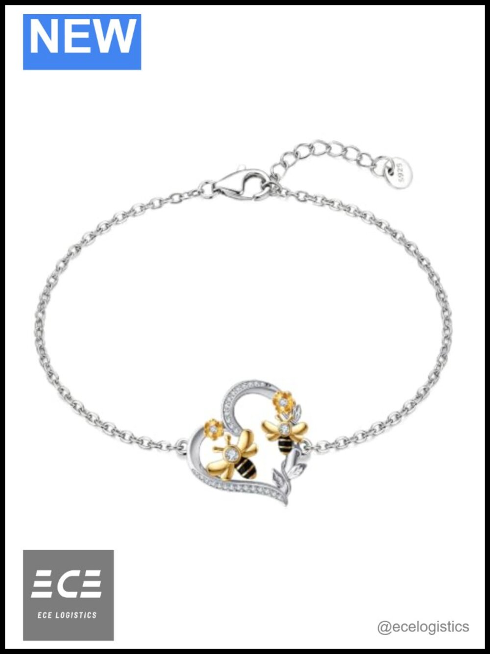 925 Sterling Silver Bee Charm Bracelet Adjustable Link Gift for Women